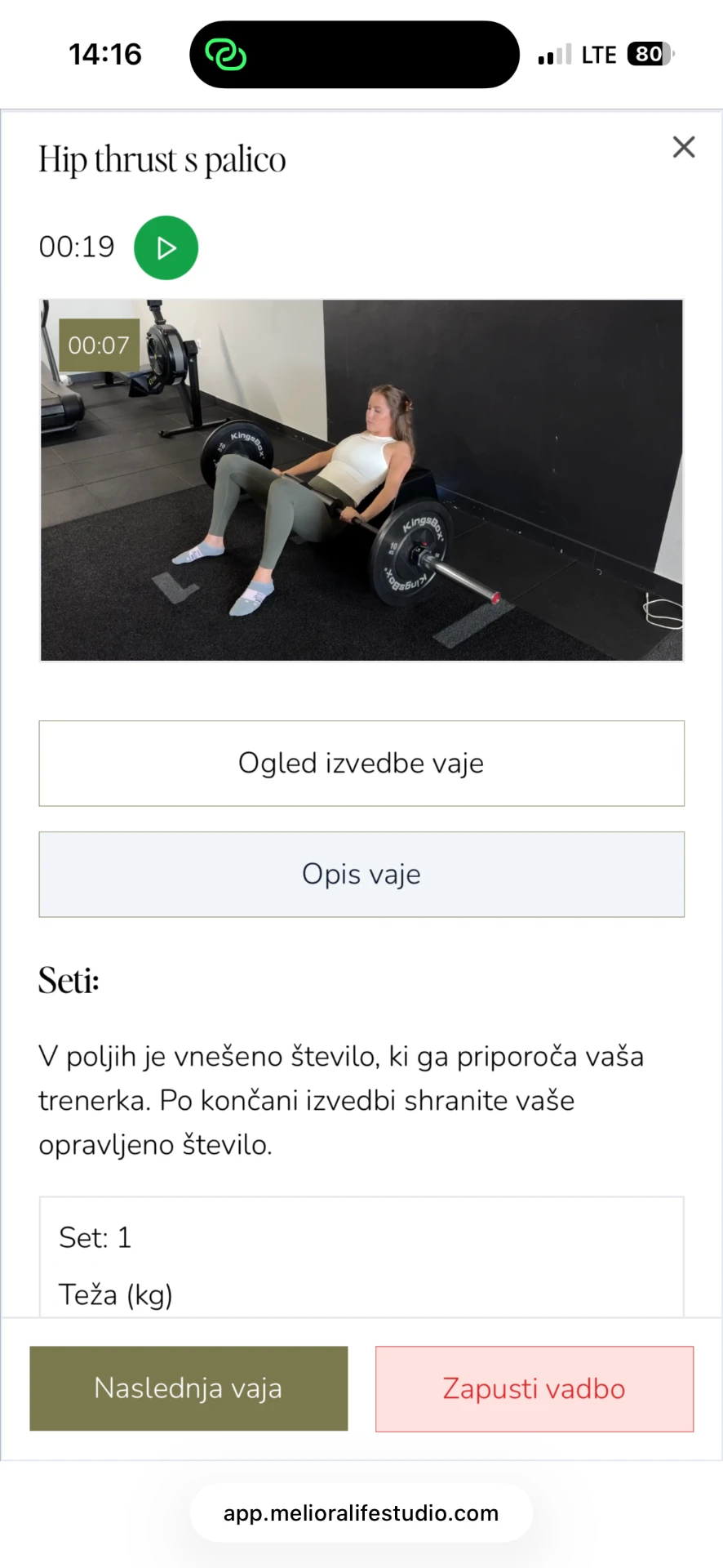 Meliora Life aplikacija: vaja z videom, navodili in beleženjem bremen